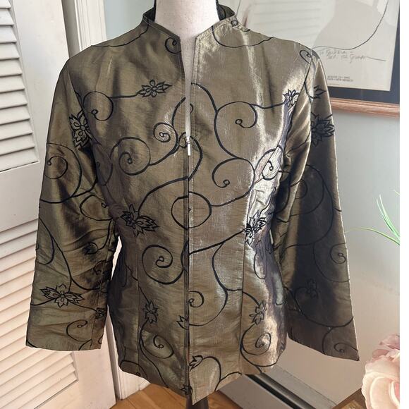 RARITIES Womens Jacket Olive Green Shimmer Embroidered Bohemian Artsy Zip LARGE - Picture 1 of 12